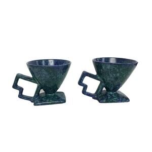 Pair of Studio Pottery Modern Mugs Tea Cups Blue Green Marked N